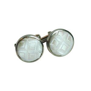 White Patterned Fabric Cufflinks With Silver Tone Metal Finish